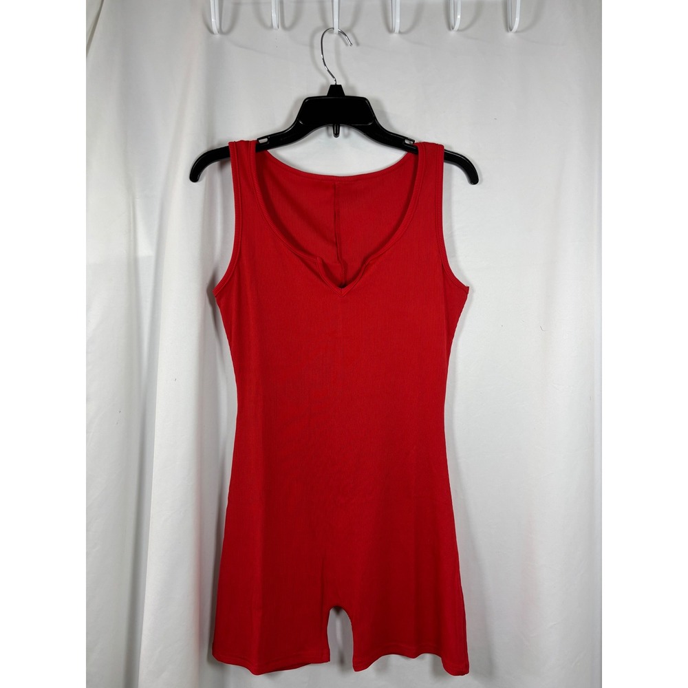 Red Ribbed Knit Bodycon Romper Sleeveless Notched Neck Jumpsuit Size Large